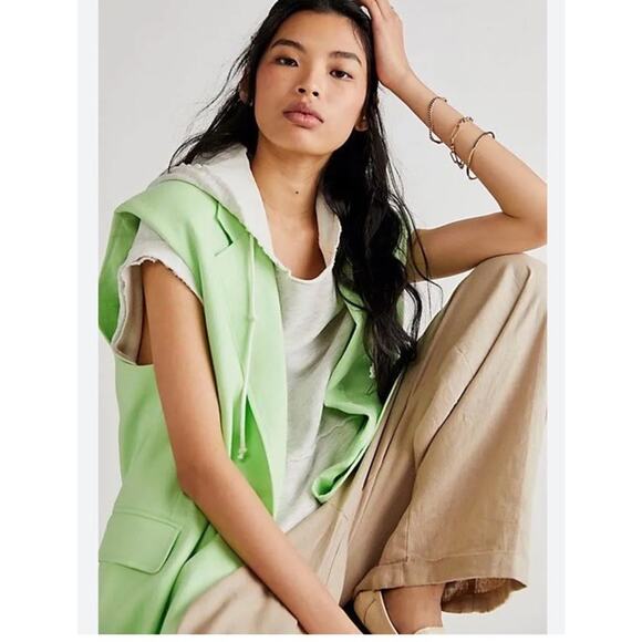 NWT Free People Green Light Lime Bright Young Things Linen Vest Size L Old Money - Picture 2 of 11